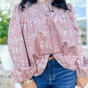 AUREUM Mauve Rose Printed Blouse AT1896 - Printed Smocked Top w/ Ties